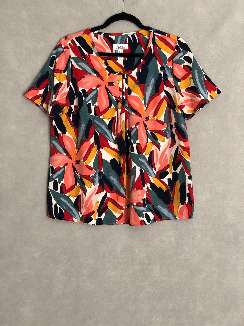 D & CO. Denim + Company Tropical Print Top Pleated Front Women's Small